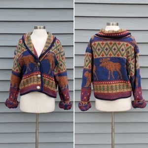 Vintage 90s Moose Bear Northwoods Cabin Lodge Woven Tapestry Jacket Lg
